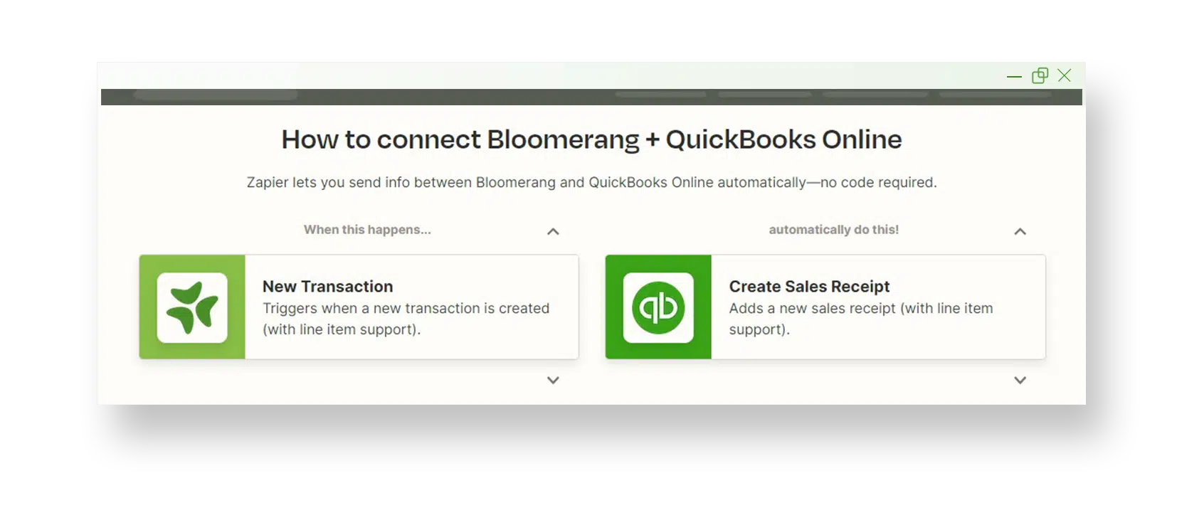 A window is shown using Zapier's software where Bloomerang and Quickbooks Online are connected through a 