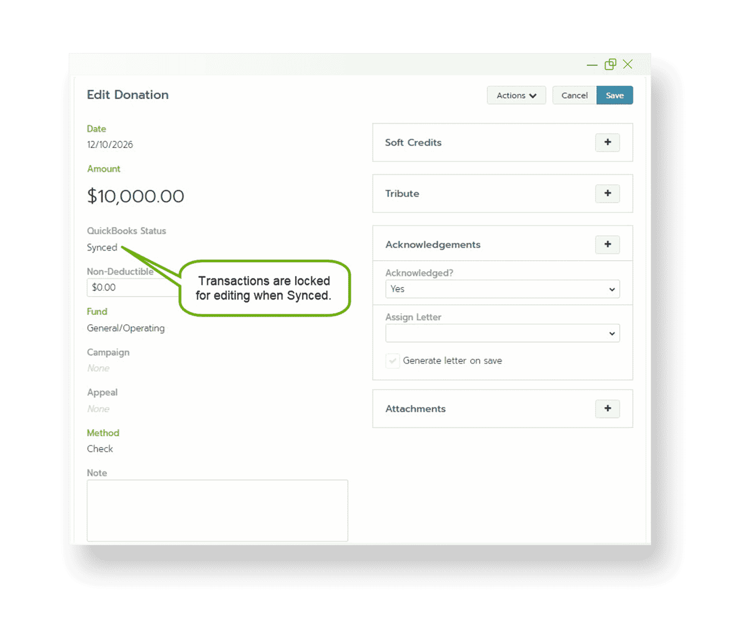 Bloomerang and Quickbook's Integration menu is shown, highlighting that a $10,000 donation has been synced to the nonprofit's quickbooks account