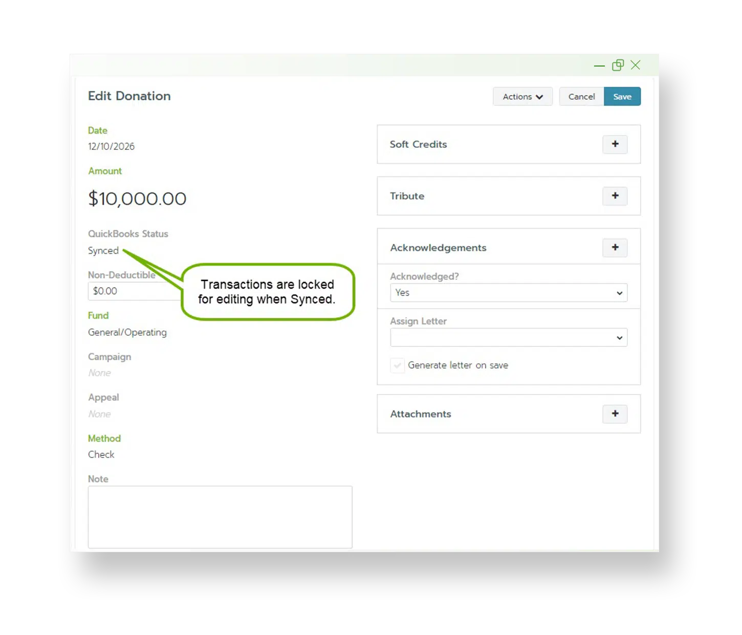 Bloomerang and Quickbook's Integration menu is shown, highlighting that a $10,000 donation has been synced to the nonprofit's quickbooks account