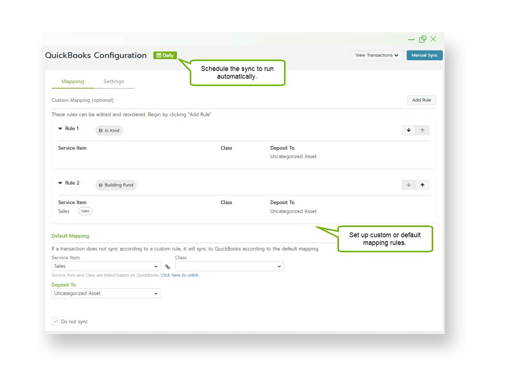 A tab is shown highlighting the configuration tab between QuickBooks and Bloomerang, showcasing how seamless the integration is.