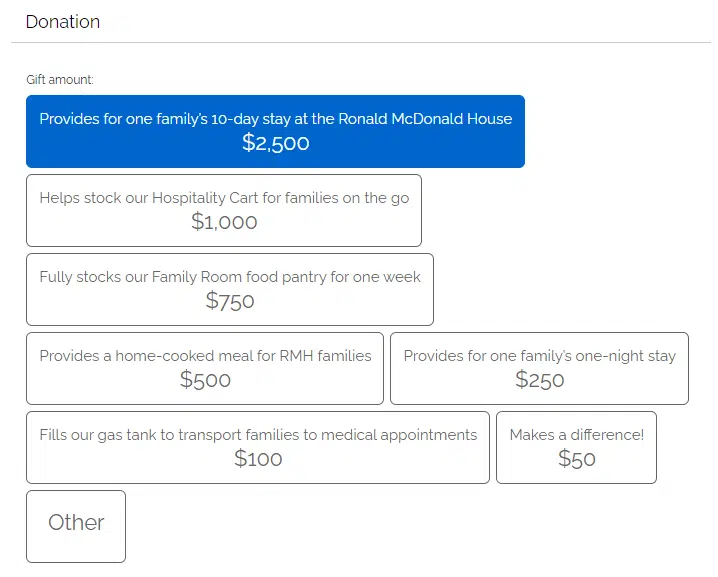 The Ronald McDonald House Charities memorial donation page highlights the impact of giving at different levels. 