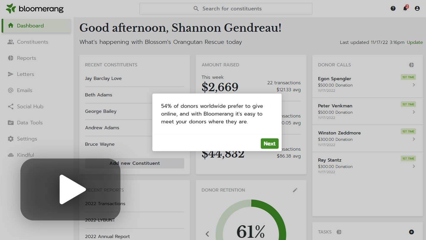 Online Giving Bloomerang Product Tour