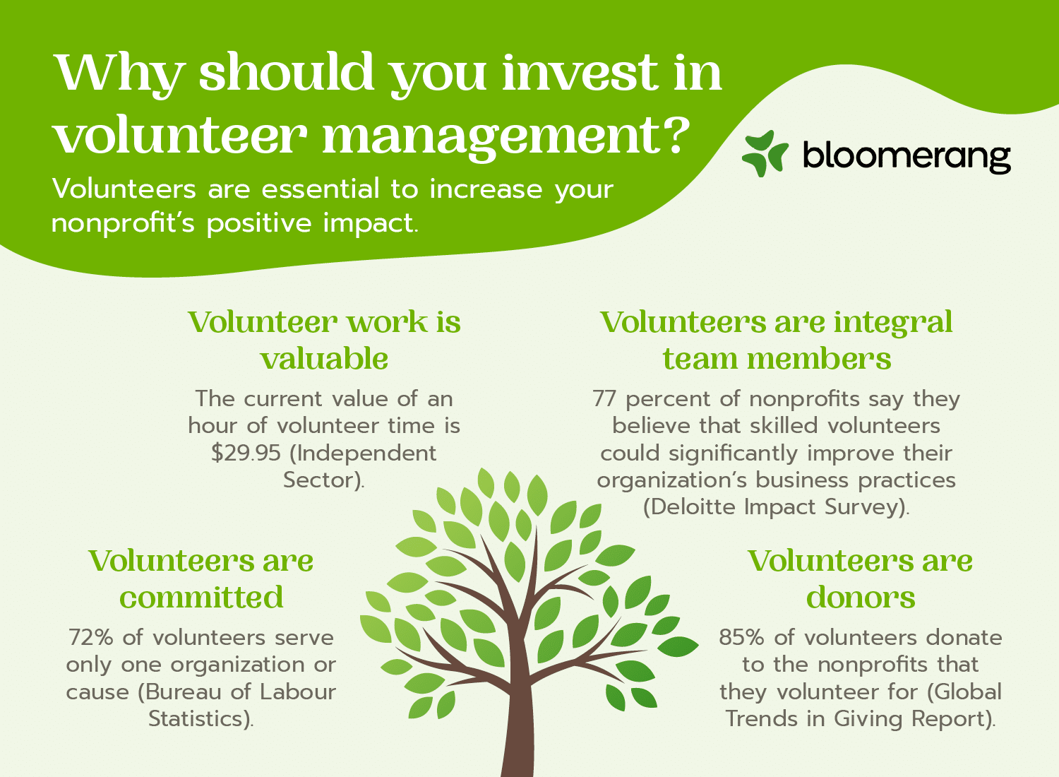 This infographic displays the importance of volunteer management by sharing relevant volunteer statistics, which are listed below.