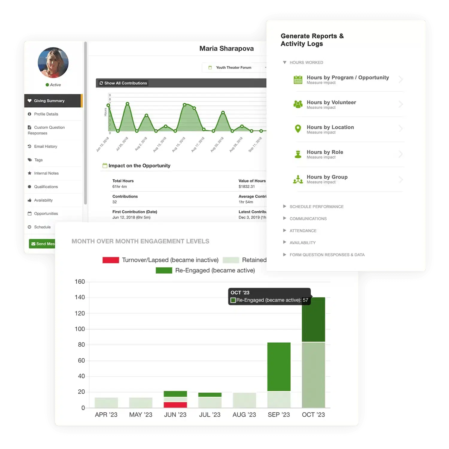 Bloomerang Volunteer product image showing features like volunteer engagement, hours and activity logs, and contribution summaries. 