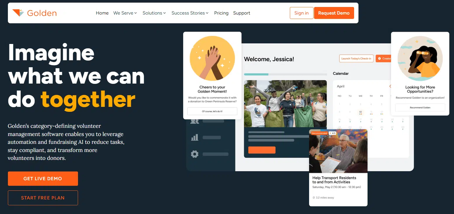 Homepage for Golden, a volunteer management system