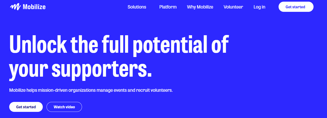 Homepage for Mobilize, a volunteer management platform