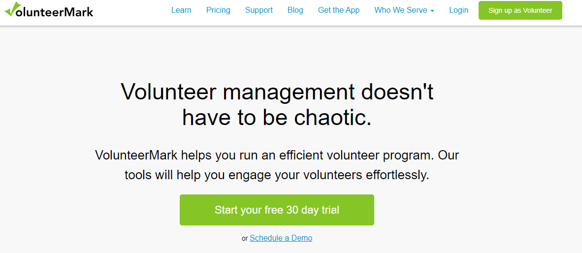 Homepage for VolunteerMark, a volunteer management software platform