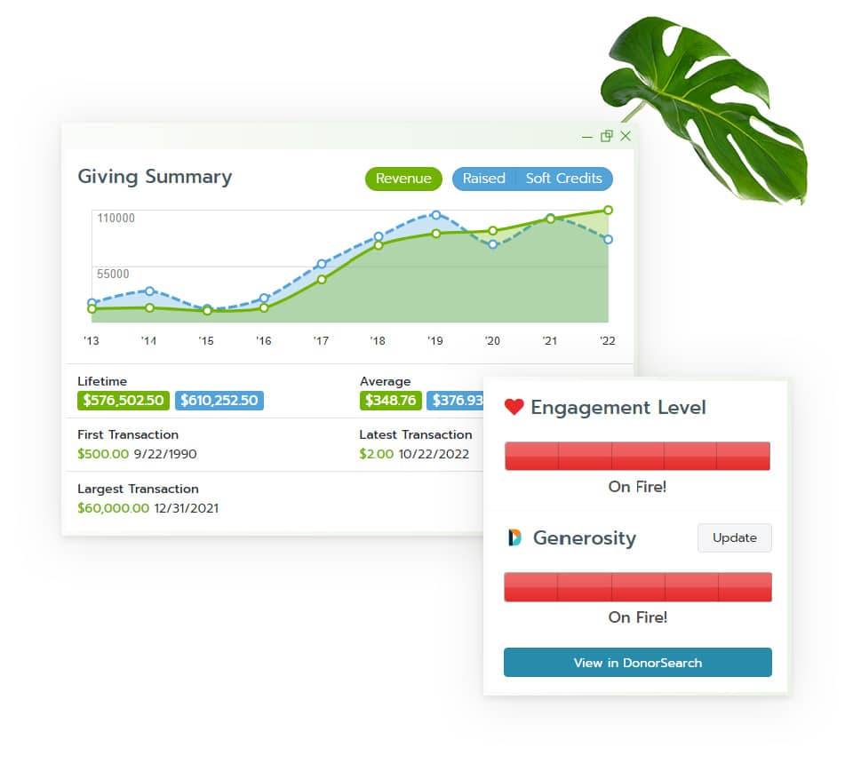 Get insights into donor engagement levels and their generosity scores with Bloomerang.