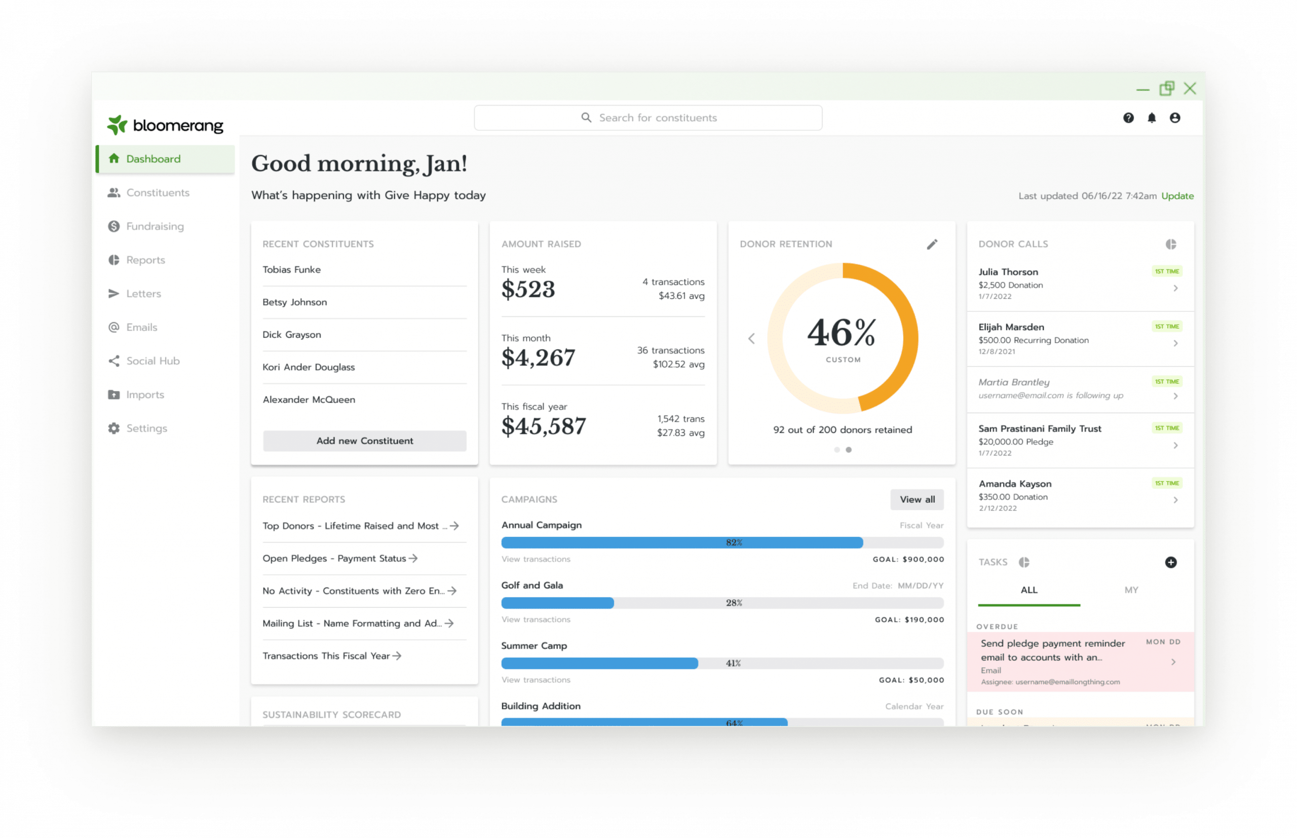 This is a screenshot of Bloomerang's online fundraising software and donor management dashboard.