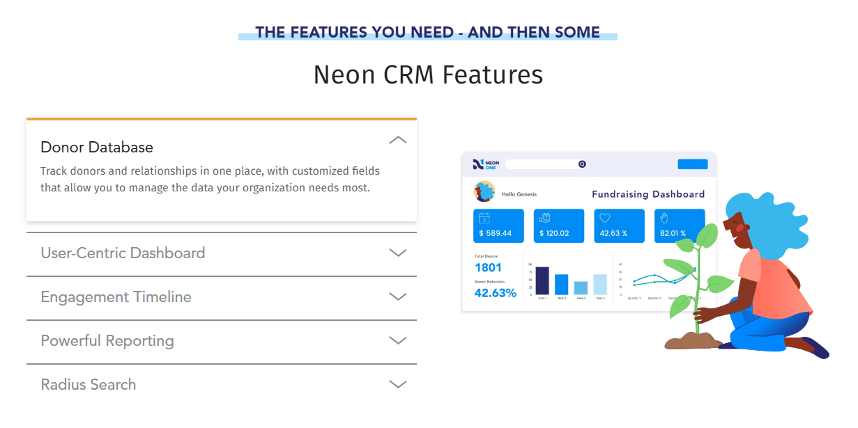 This image is a screenshot from Neon One's website that shows the features of Neon CRM (explained in the text below).