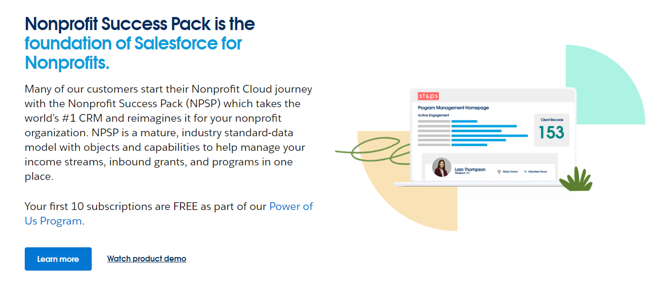 This is a screenshot that shows the features of Salesforce's Nonprofit Success Pack. 