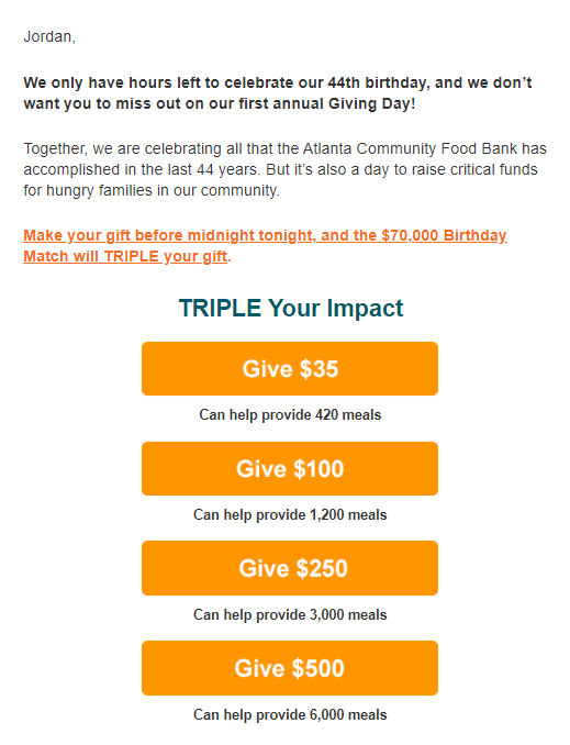This is an example of a Giving Day email sent by the Atlanta Community Food Bank.