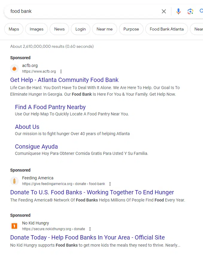 This image shows an example of the search engine results page for the term "food bank." 