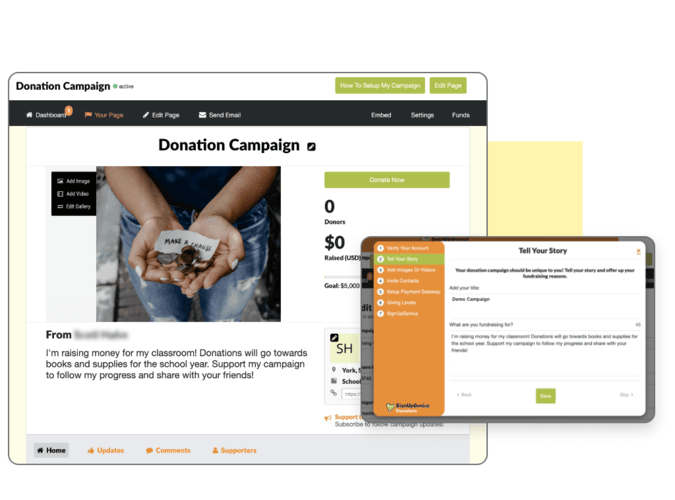 A mockup of a campaign being created with SignUp Genius’s peer-to-peer fundraising platform