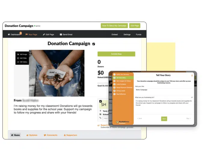 A mockup of a campaign being created with SignUp Genius’s peer-to-peer fundraising platform