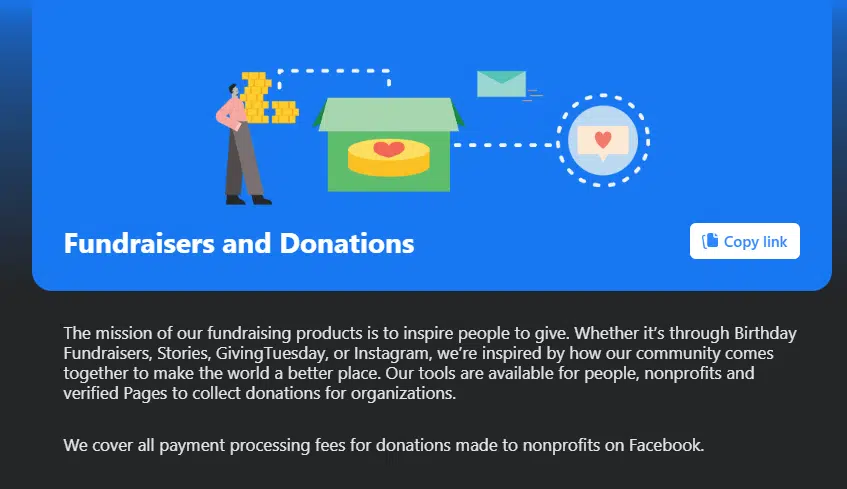This is a screenshot explaining the purpose of Facebook’s fundraising tools.