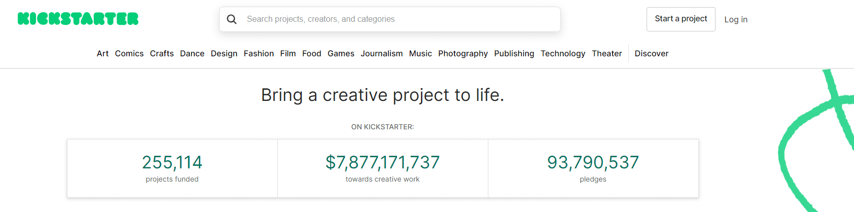 Screenshot of the Kickstarter homepage, a crowdfunding website for individuals and nonprofits