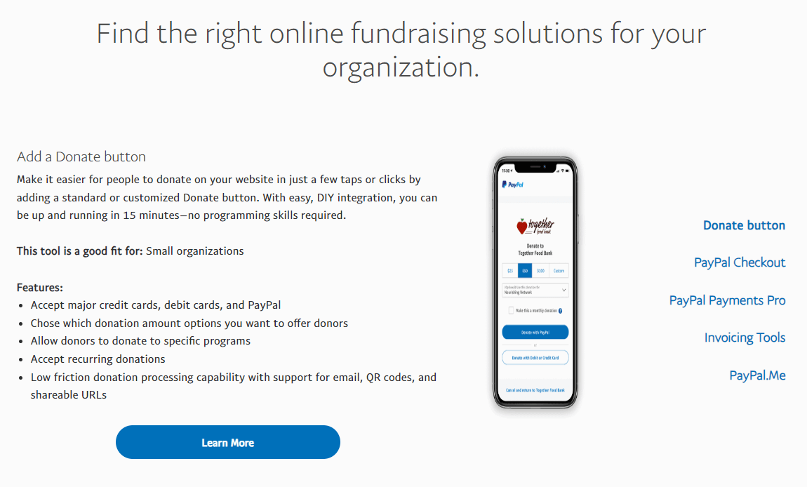 This screenshot shows features of PayPal, a top fundraising website for nonprofits. 