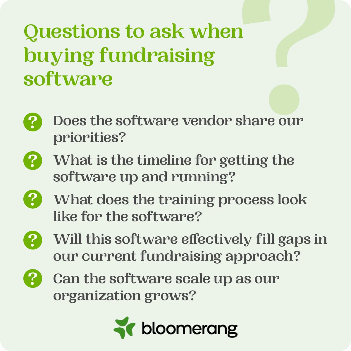 Ask yourself these five questions before buying fundraising software (explained further in the text below). 