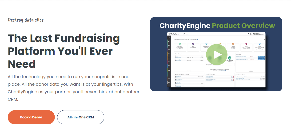 Homepage for Charity Engine, a nonprofit CRM