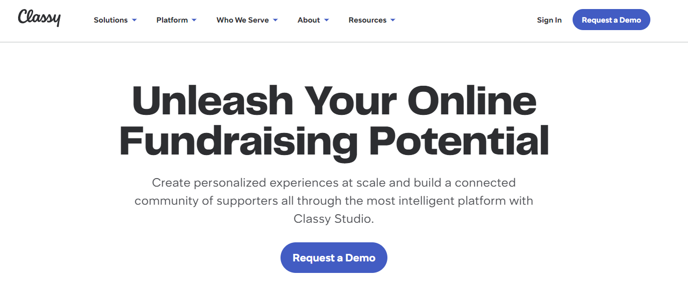 Screenshot of the Classy homepage, a nonprofit CRM solution