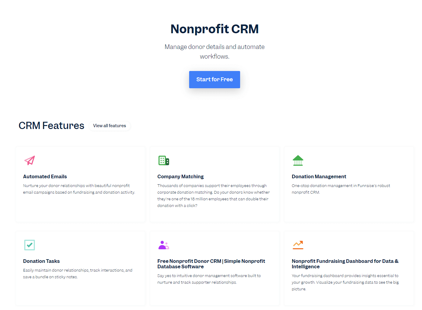 Screenshot of the Funraise nonprofit CRM information page