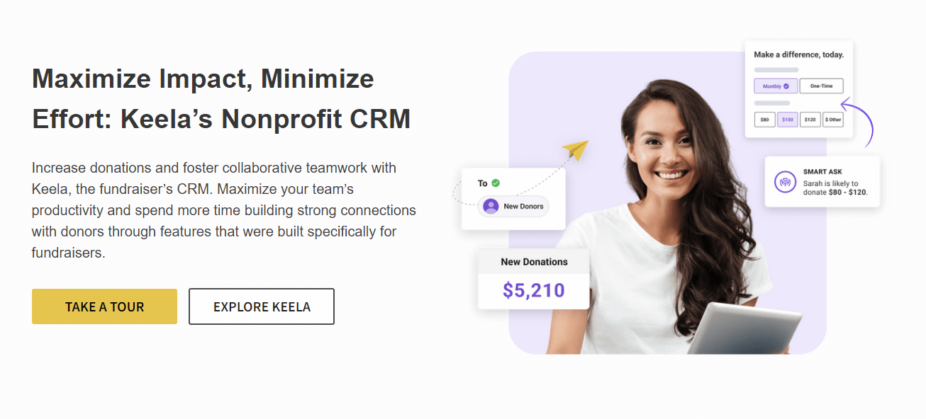 Homepage for Keela, a nonprofit CRM