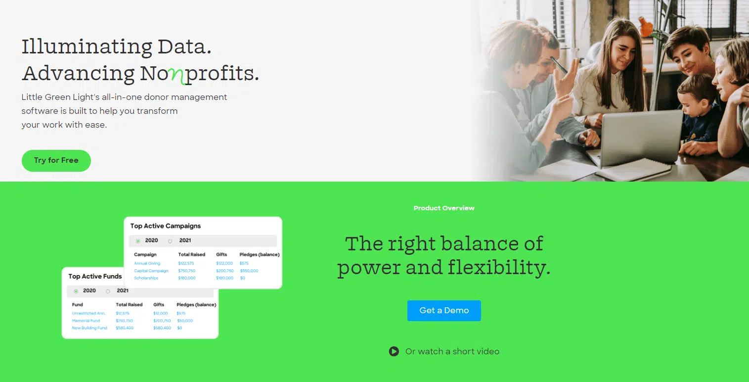 Screenshot of the Little Green Light homepage (a nonprofit CRM)