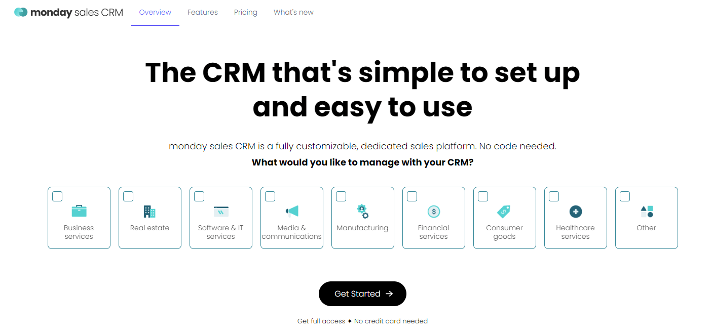 Screenshot of the monday sales CRM information page