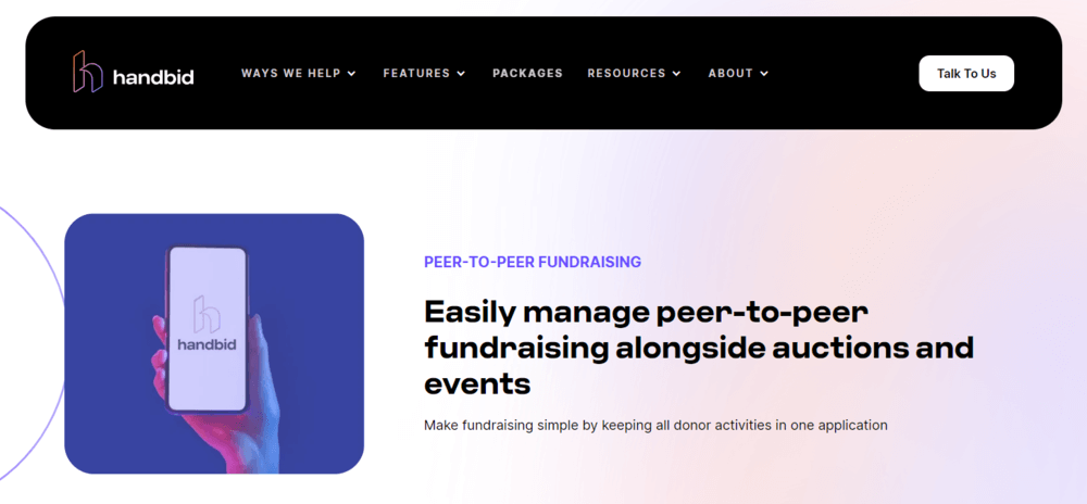 This image includes information about Handbid’s peer-to-peer fundraising platform. 