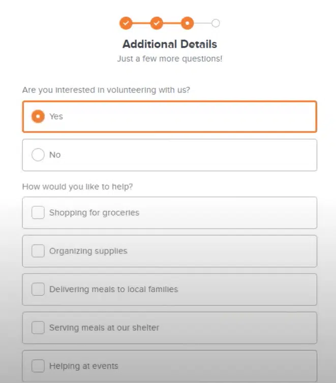 An example of a conditional field inquiring about volunteer interest