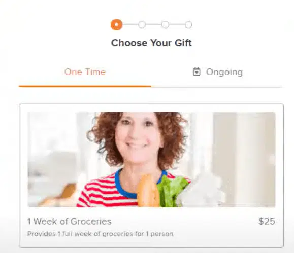 A $25 donation amount with an image of a woman holding a bag of groceries