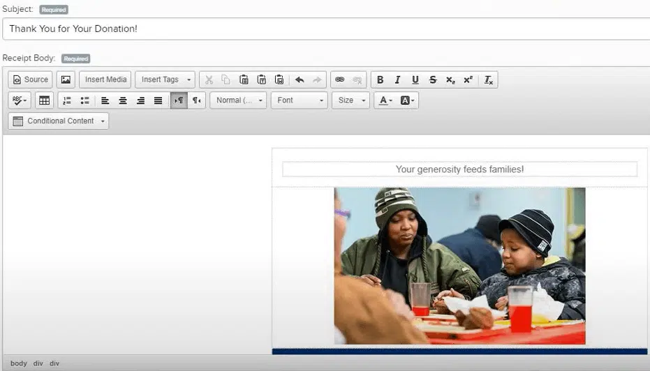 An email editor with a draft of a donation receipt