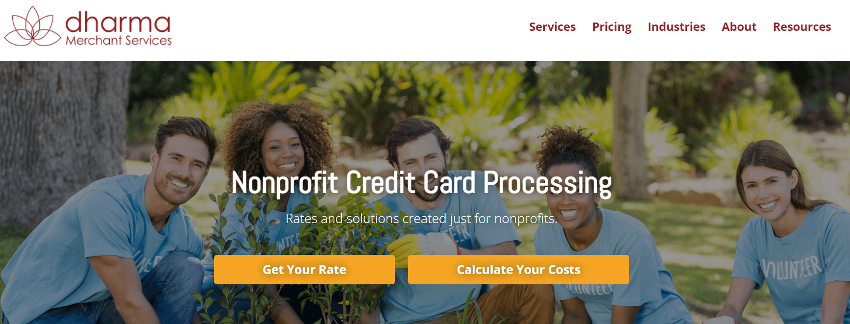 Screenshot of the Dharma Merchant Services homepage, a nonprofit credit card processing option