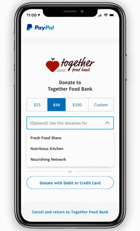 Example of a donation page built by PayPal, a nonprofit credit card processing option
