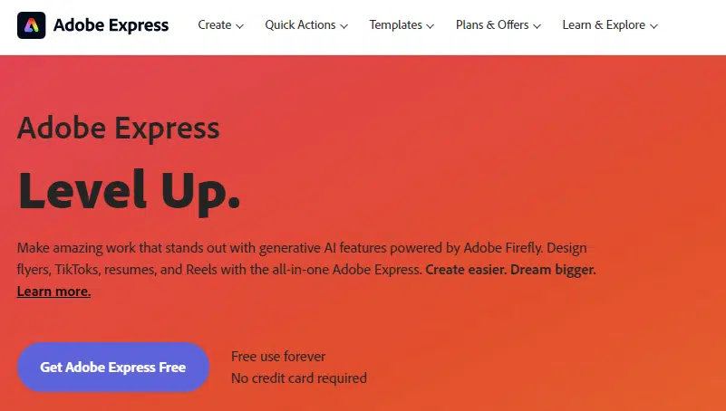 Screenshot of the Adobe Express homepage