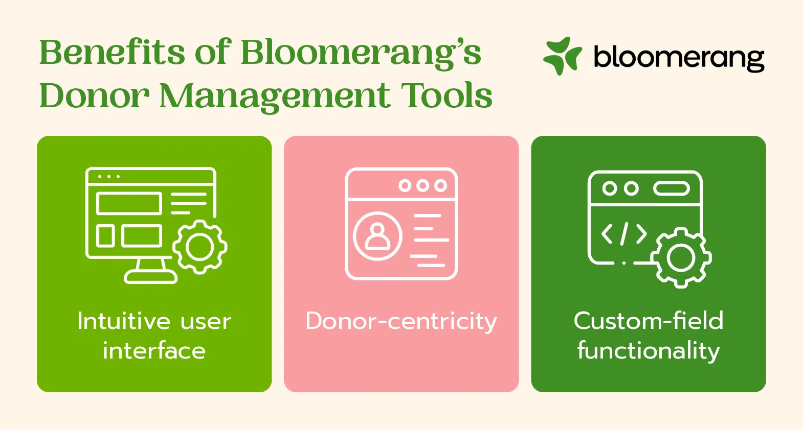 Three Bloomerang features — intuitive user interface, donor-centricity, and custom-field functionality