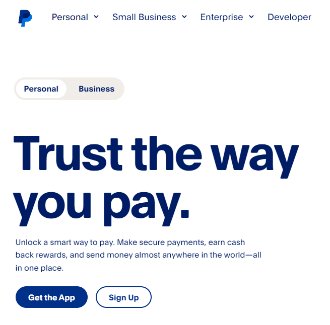 Screenshot of PayPal’s homepage