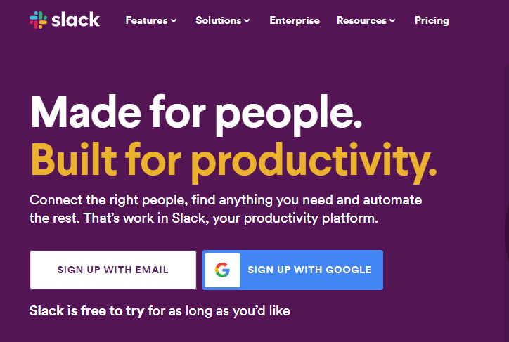 Screenshot of the Slack homepage