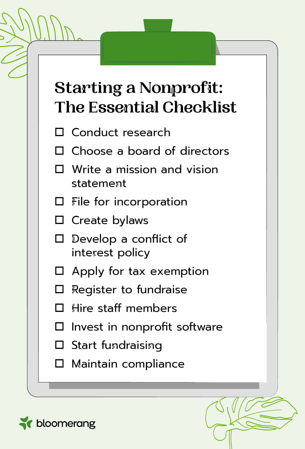 12 essential steps of starting a nonprofit (explained in the sections below) 