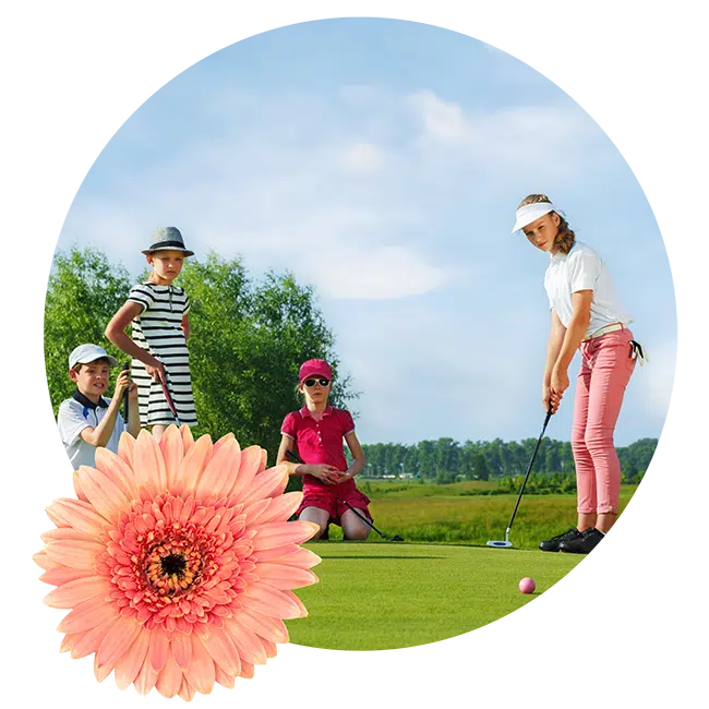 First Tee showing a women golfing with three kids and is about to put the golf ball.