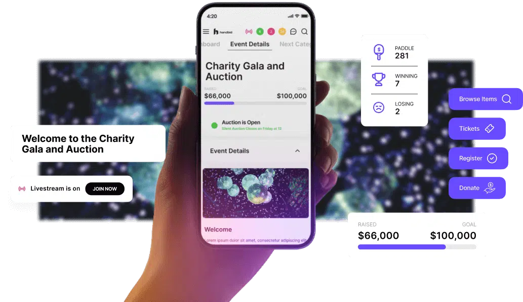 Product image showing Handbid’s silent auction software app