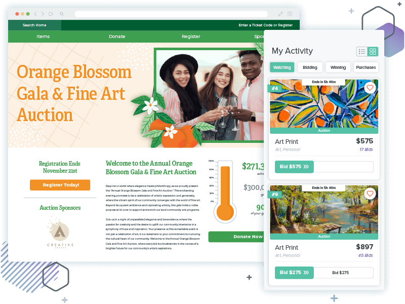 Qgiv’s silent auction software is represented through a gala event page and bidding app screenshot