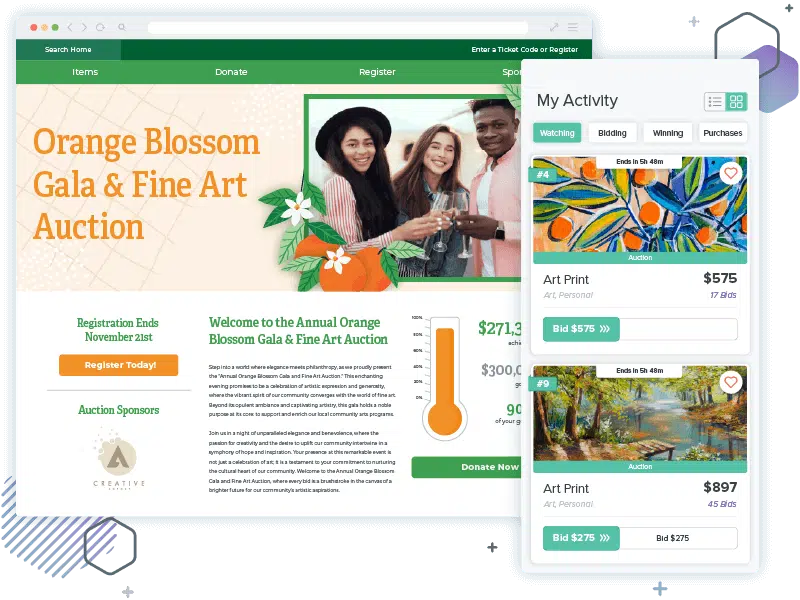 Qgiv’s silent auction software is represented through a gala event page and bidding app screenshot