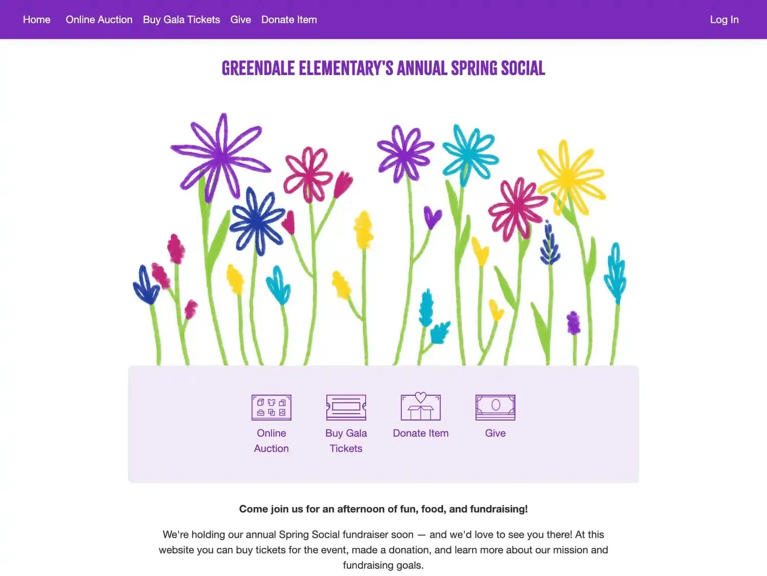 An example of a Spring Social fundraising event page created through SchoolAuction.net’s platform