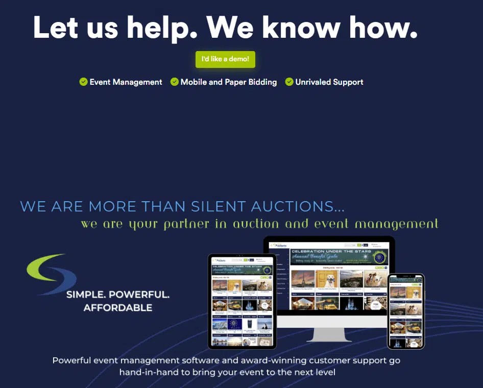 The homepage for the Silent Auction Pro website