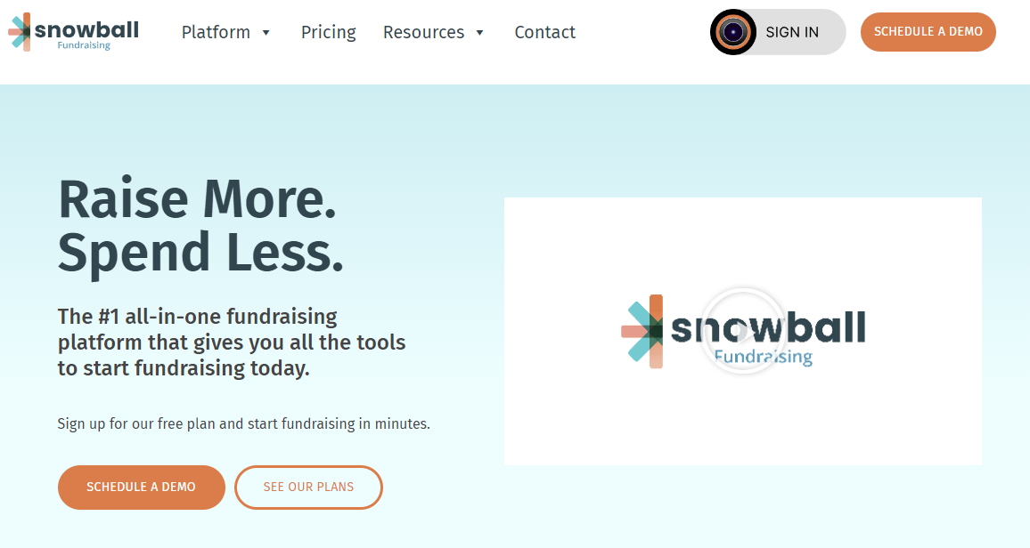 Homepage for Snowball Fundraising, a silent auction software platform