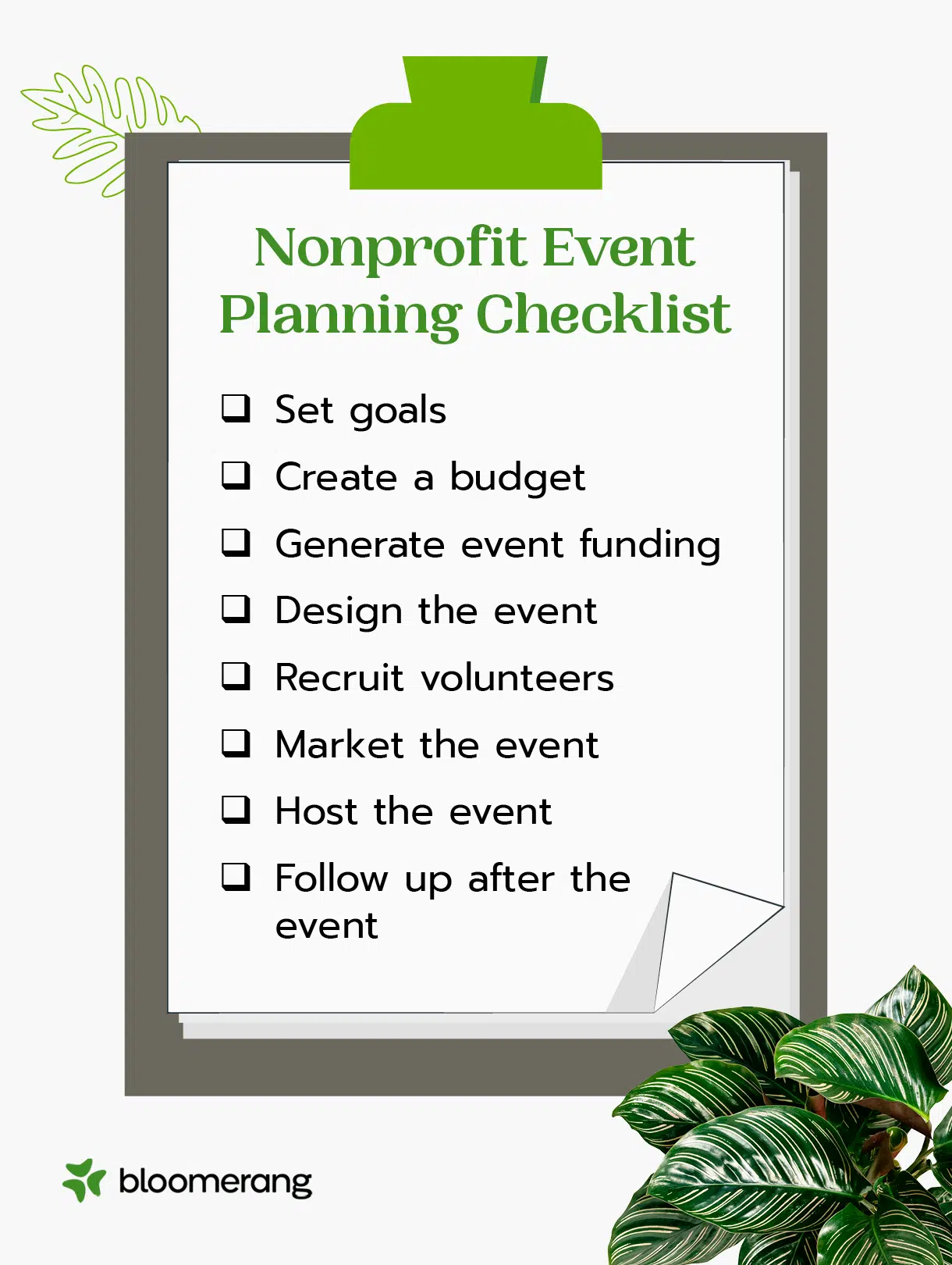 Nonprofit event planning checklist (explained in the sections below) 