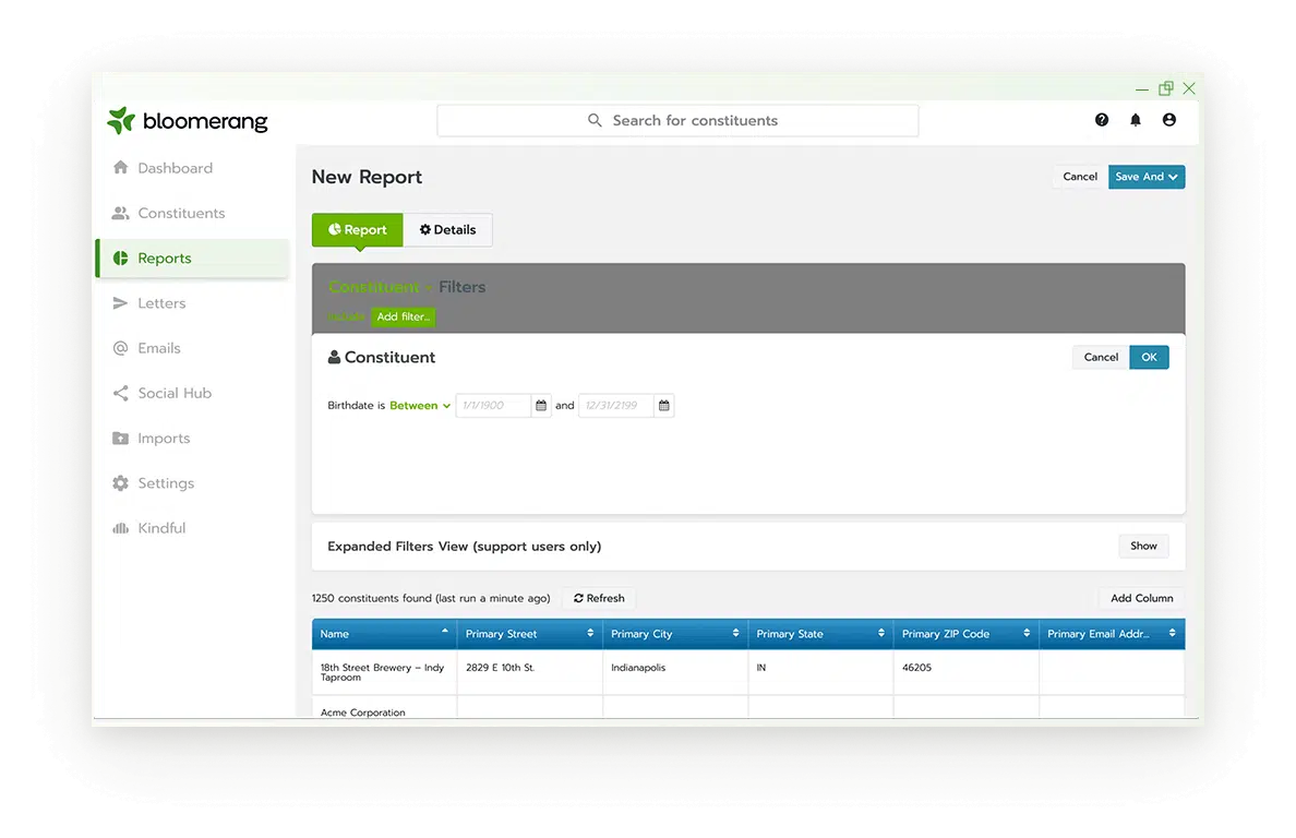 Example of the custom reporting functionality in Bloomerang's fundraising platform