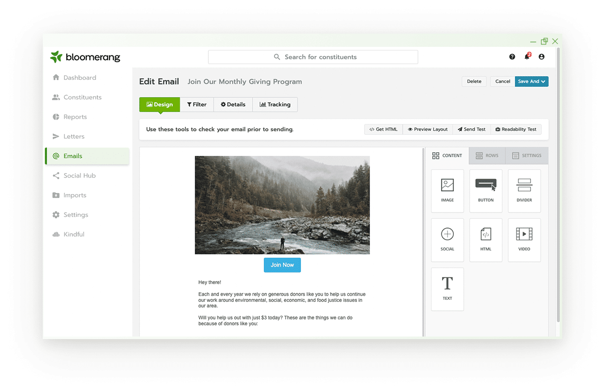 Bloomerang's email editor